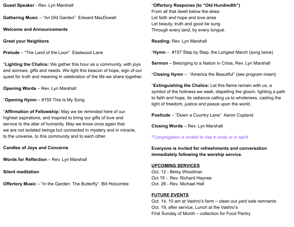 Order of Service for October 5