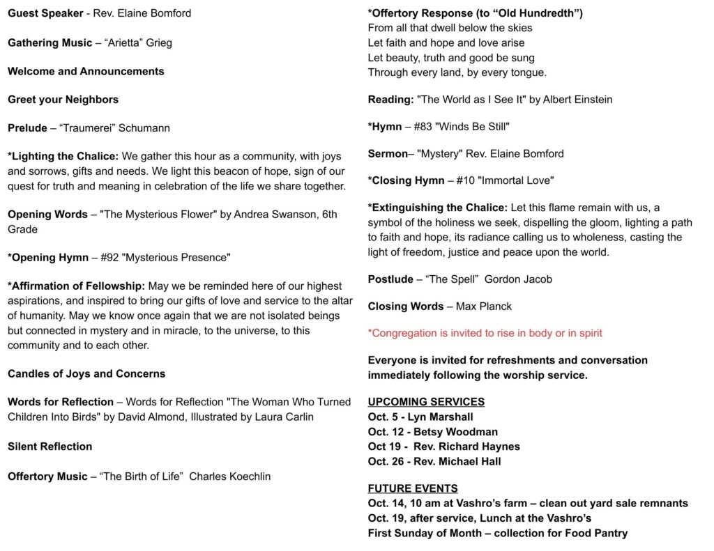 KUUF Sunday Service - "Mystery" Order of Service